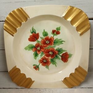 Vintage Mid Century  MCM Floral Square Ashtray Or Trinket Dish Gold Accents.